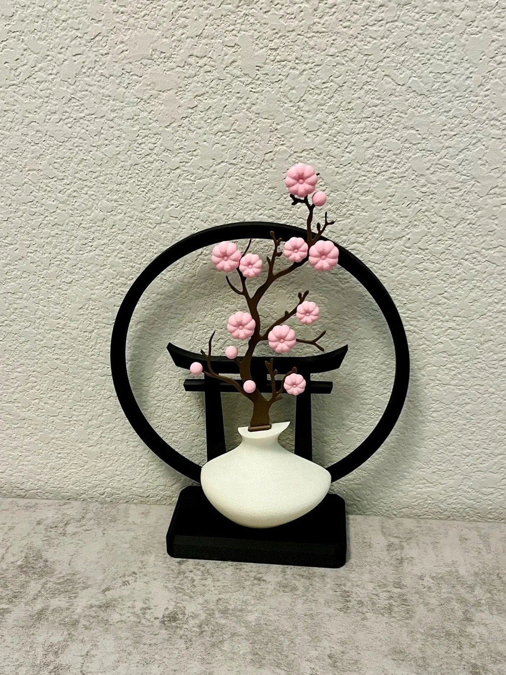 Decorative Cherry Blossom Vase Sculpture in Pink and Black